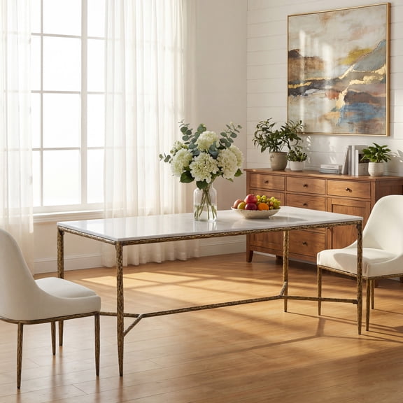 Christopher Knight Home 70.8" Marble-Look Dining Table with Metal Legs for 6 Seats, Forged Brass