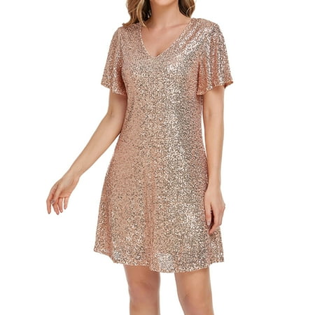 DVKOVI Vestidos Elegantes De Mujer Plus Size Corset Dress Women s Sexy Sequin Dress Wrap V Neck Ruched Bodycon Short Sleeve Party Night Club Dresses Gold L