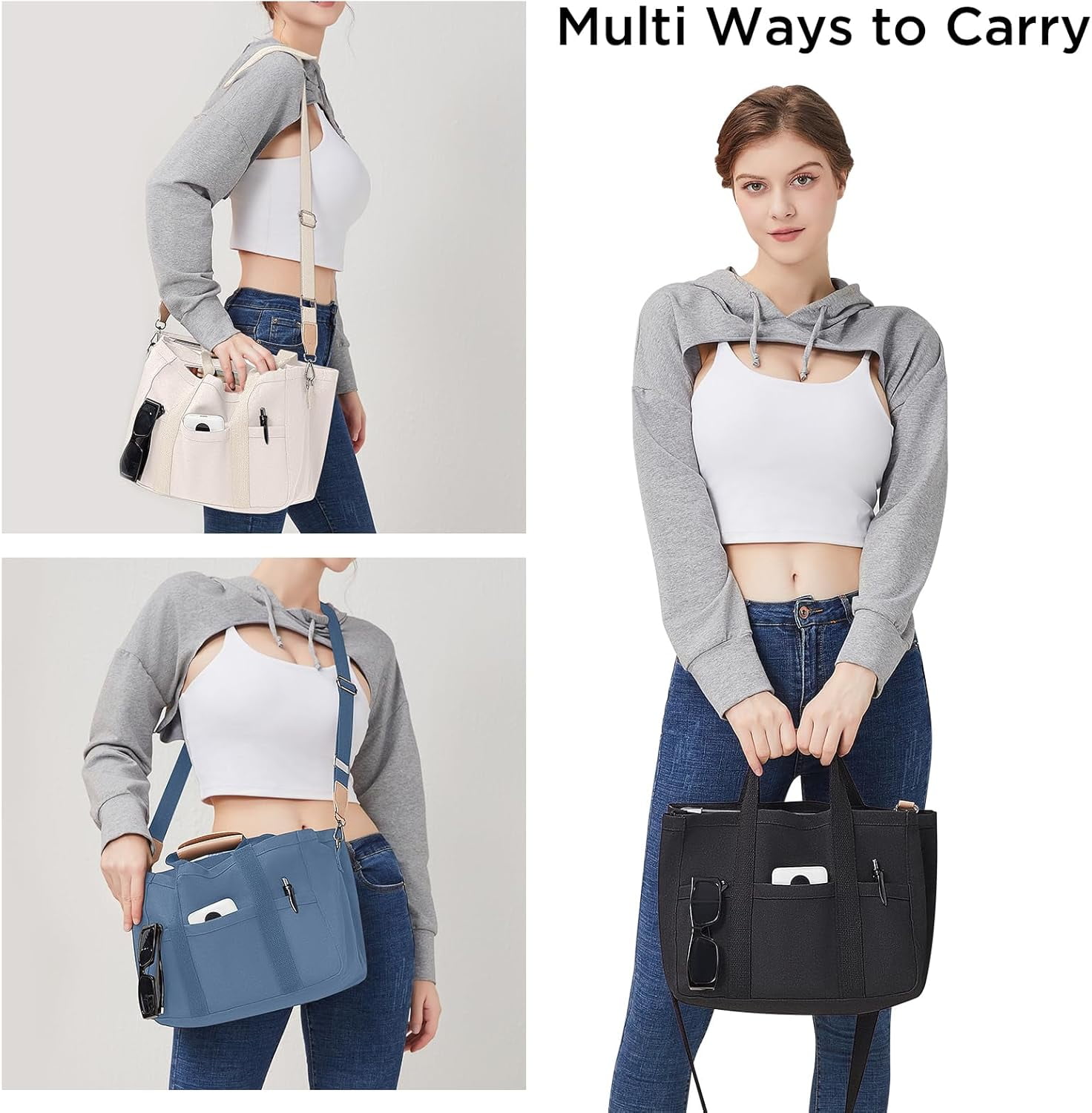 Kwuty Canvas Tote Bag with Multi Pockets Crossbody Tote Bag for Women Bible Handbag Everything Tote Bags with Compartments