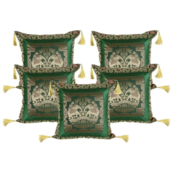 Stylo Culture Ethnic Brocade Living Room Throw Pillow Covers Dark Green Gold 18 x 18 Jacquard Tassels Couch Cushion Covers 45x45 cm Polydupion Silk Zippered Elephant Square Pillowcases | Set Of 5