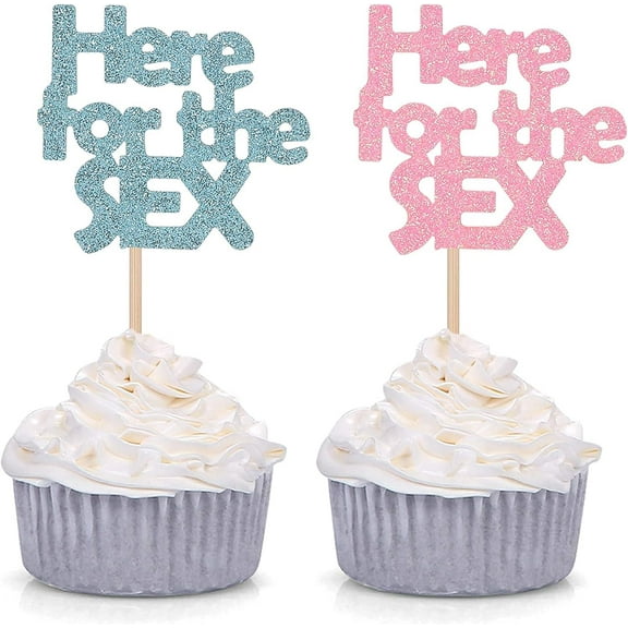 Glittery Here for the Sex Gender Reveal Cupcake Toppers Pink or Blue Party Decoration Picks - 12pcs