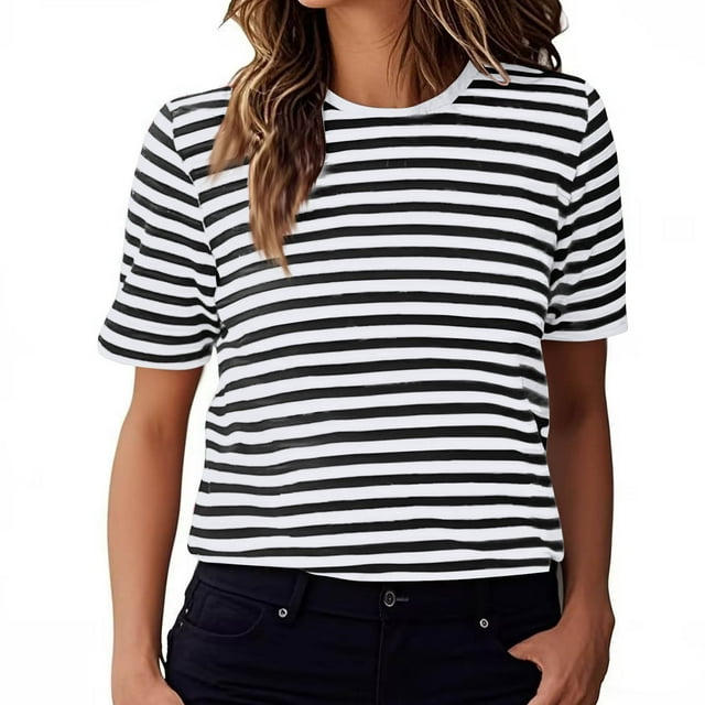 tarylea Hauts pour Femmes Manches Courtes Col Rond Chemises à Rayures à Blocs de Couleur Hauts Amples Décontractés d'Été Tendance Basiques Habillés