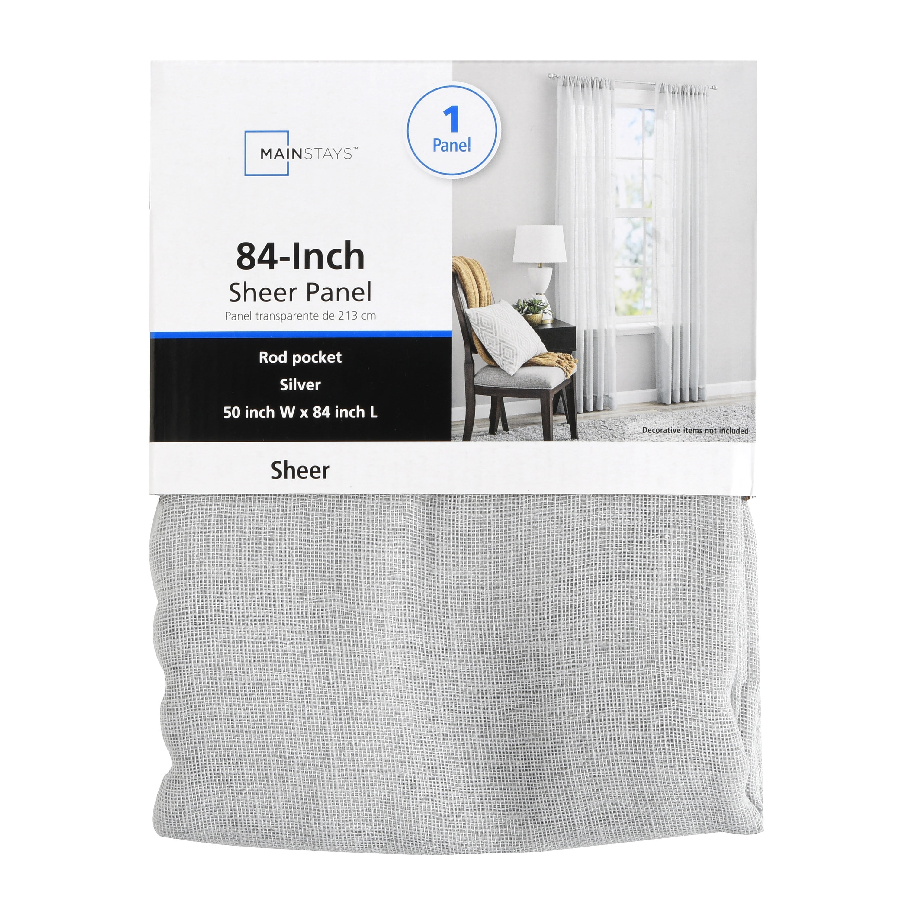 Mainstays Bel Air Sheer Wide Single Curtain Panel, Silver, 50" W x 84" L