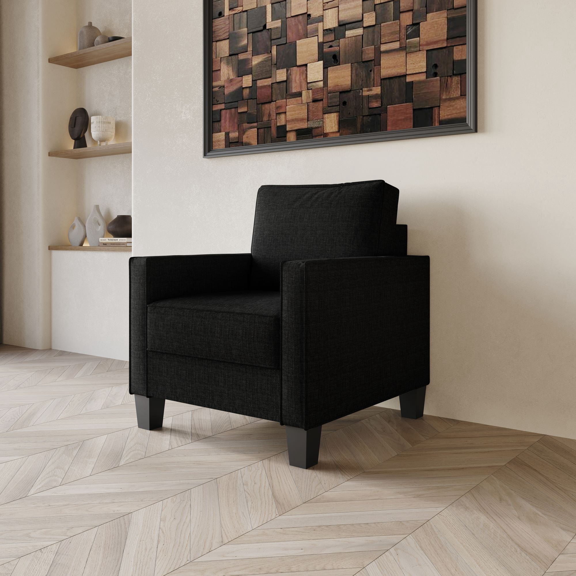 Home Design Marcia Square Arm Chair with Padded Back and Seat, Modern Upholstery, Black Legs, Comfortable Living Room Seating, Black