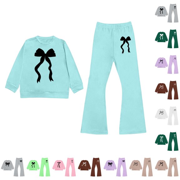 LIIPEE Autumn Winter Outfit Sets For Girls Bow Print Long Sleeve Pullover Sweatshirts And Flared Pants 2 Piece Set Kids Casual Comfortable Cute Outfits,8-9 Years
