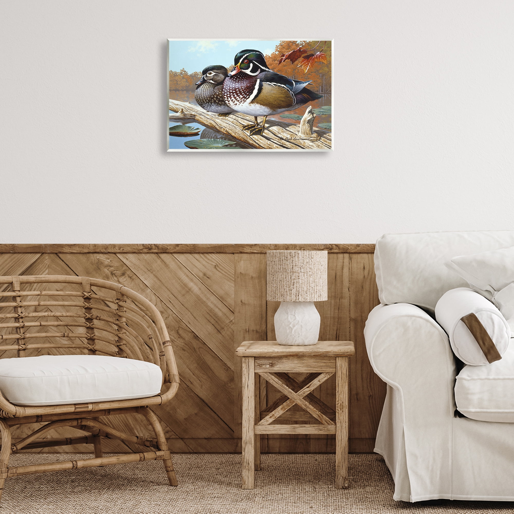 Stupell Industries Duck Pair on Driftwood Animals Painting Unframed Art Print Wall Art, 19 x 13