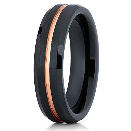 Silly Kings Jewelry Tungsten Wedding Band 6mm Rose Gold Tungsten Ring Black Tungsten Band Beveled Comfort Fit (10)