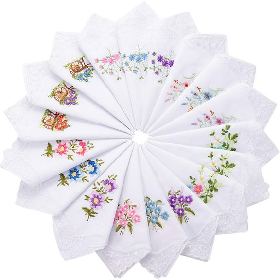 18 Ladies Cotton Handkerchiefs Flower Embroidered with Lace Colored Handkerchiefs for Women