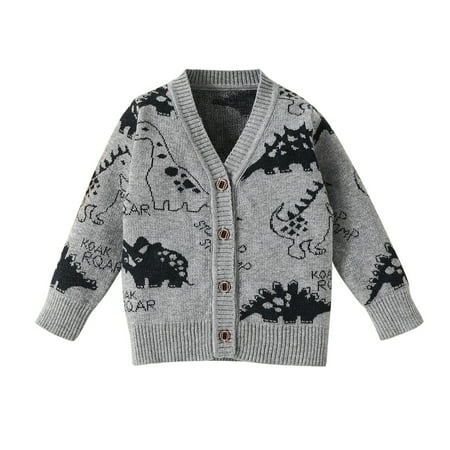 

ZHUASHUM Toddler Boys Girls Cartoon Dinosaur Print Warm Knitted Sweater Long Sleeve Tops Knitwear Cardigan Coat