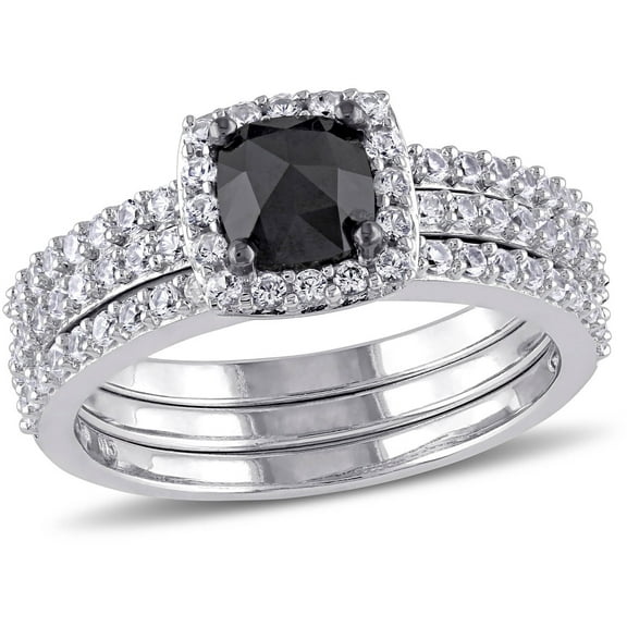 Everly Women's Created Sapphire and Black Diamond 10k White Gold Bridal Set