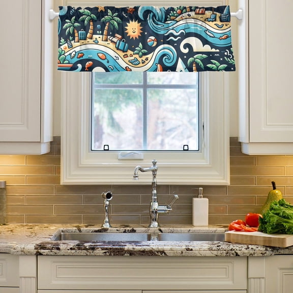 Prints Ocean Blue Curtain Valances Farmhouse Design Window Treatment Decor Blackout Rod Pocket for Windows Living Room Kitchen 54" x 18"