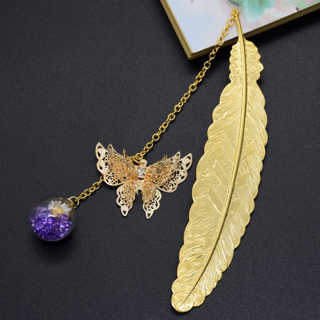 Marcador de metal con forma de mariposa y pluma: regalo perfecto para el día de la madre y cumpleaños para mujeres, ella, mamá, maestras y amantes de los libros: marcador de página único