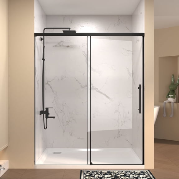 56-60" W x 72" H Frameless Single Sliding Shower Door, 6mm Tempered Glass, Matte Black