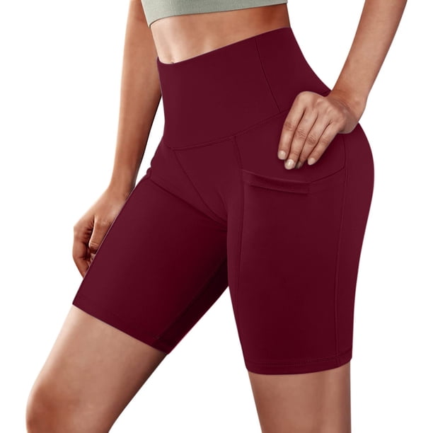 Gibobby Shorts Deportivo Bolsillos de entrenamiento para mujer Cintura alta Yoga Correr Abdomen Pantalones Pantalones cortos de control Pantalones de yoga(Vino, XL)