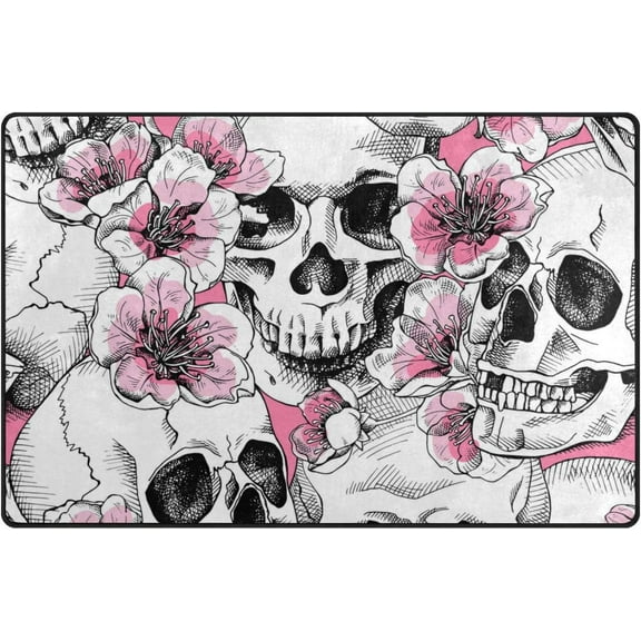 SKYSONIC Lightweight Soft Area Rugs Skull Pink Flowers Floor Mat Doormat for for Rooms Entrance Hardwood Floor Living Room Nursery Rugs, 31x20 inch