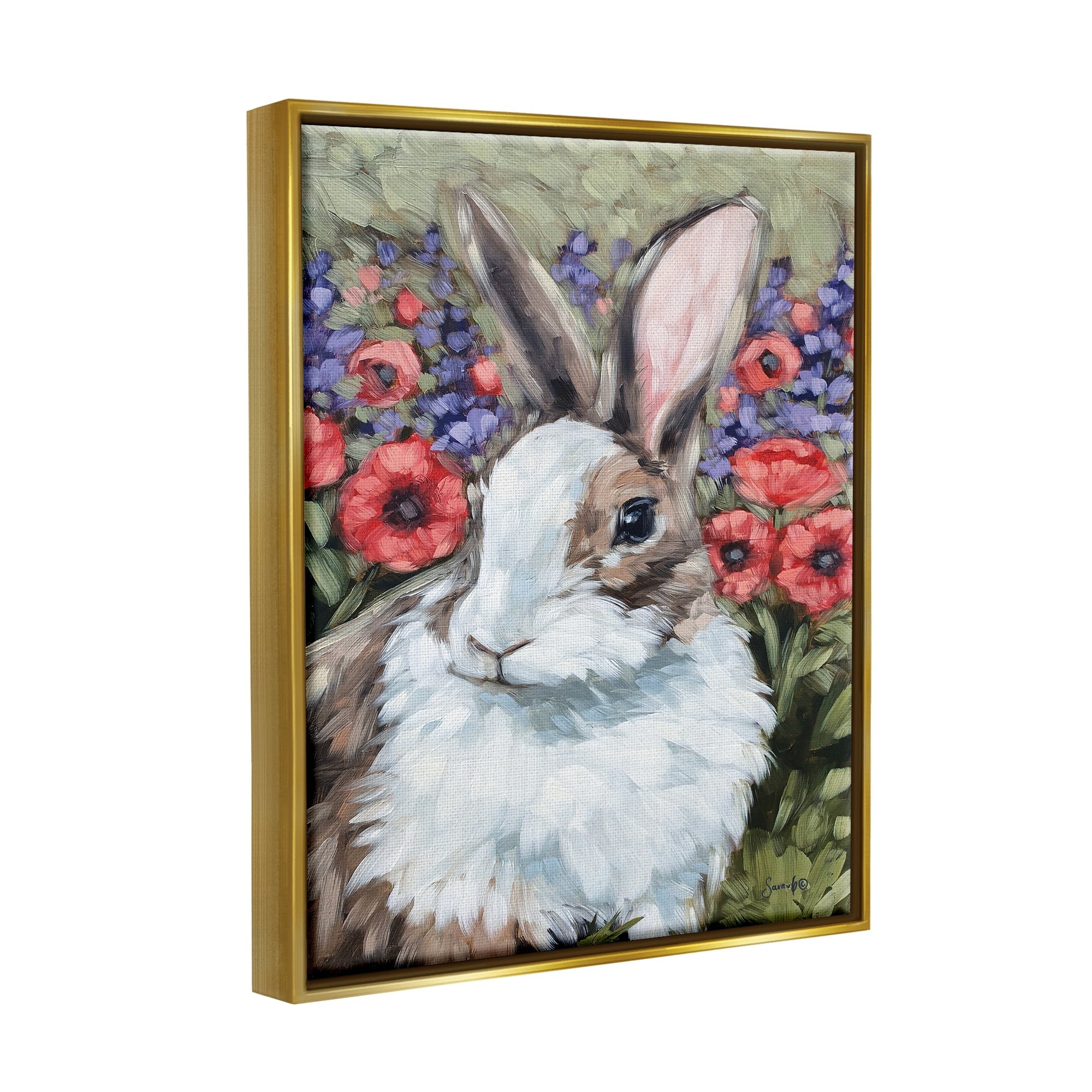 Stupell Rabbit Flower Meadow Nature Animals & Insects Painting Gold Floater Framed Art Print Wall Art