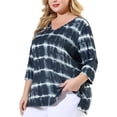 thumbnail image 1 of Women's Plus Size T-shirt Tye Dye Side Slit 3/4 Sleeve Stripe Top Grey 1X, 1 of 7