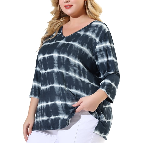Women's Plus Size T-shirt Tye Dye Side Slit 3/4 Sleeve Stripe Top Grey 1X