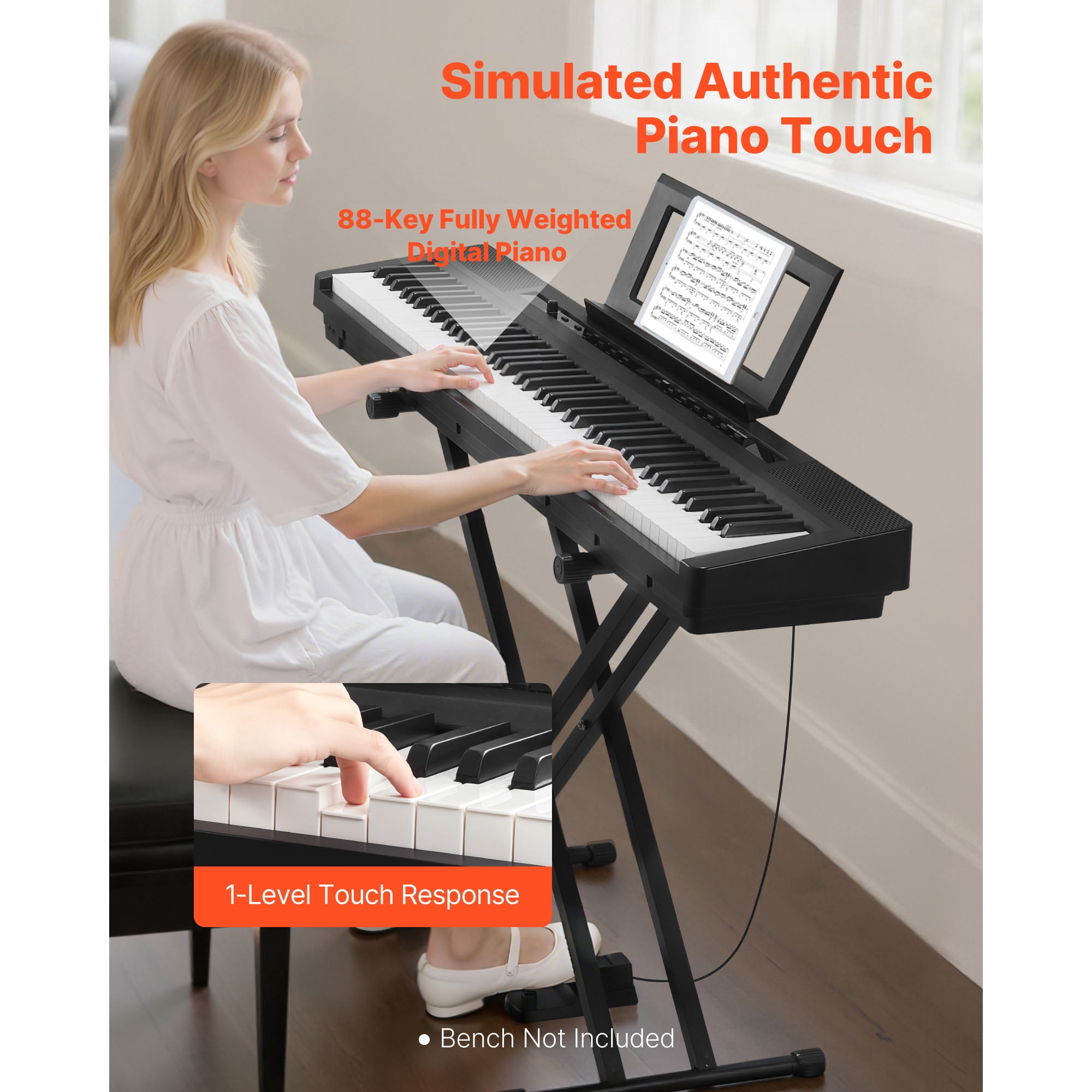 KFFKFF 88-Key Fully Weighted Digital Piano with Dual Keyboard, Built-in Speakers, X Stand, Sustain Pedal, Recording Capability, 280 Tones, Wireless Connectivity, Ideal for Beginners, Black