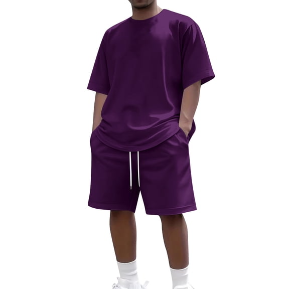 Homeyce Mens Tracksuit 2 Piece Mens Short Sets Outfits Oversized Tshirts Shorts Set Short Sleeve Lounge Jogging Tracksuit,Purple 2XL
