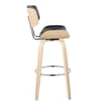 thumbnail image 3 of Lombardi 30" Mid-Century Modern Fixed-Height Barstool with Swivel in Natural Wood and Black Faux Leather with Round Chrome Metal Footrest by LumiSource - Set of 2, 3 of 10