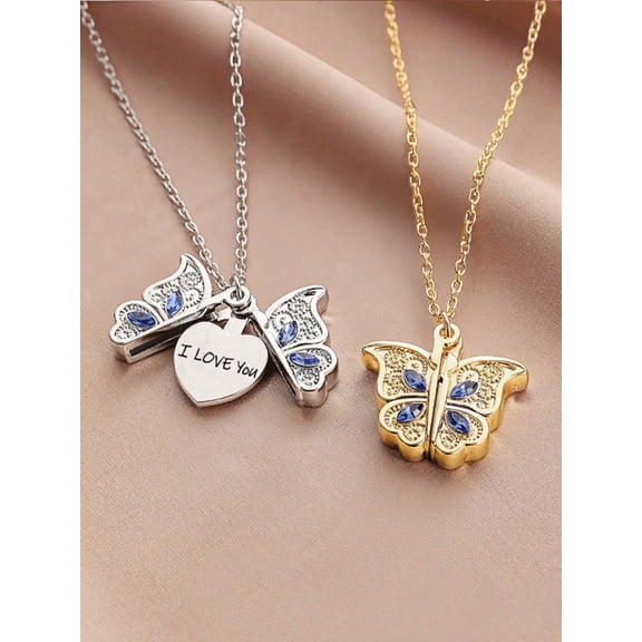 Engraved I Love You Rhinestone Butterfly Openable Necklace Fashionable Pendant Necklace Valentine s Day Gift