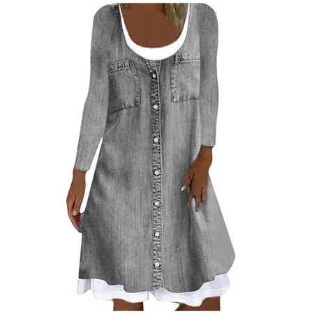 

Paptzroi Womens Long Sleeve Blouse Dress Denim Shirt Dresses Button Down Chambray Cotton Tops Women V Neck Dress Dress for Women Prom Dress for Women Light Corset Womens Summer Dress Long Tan
