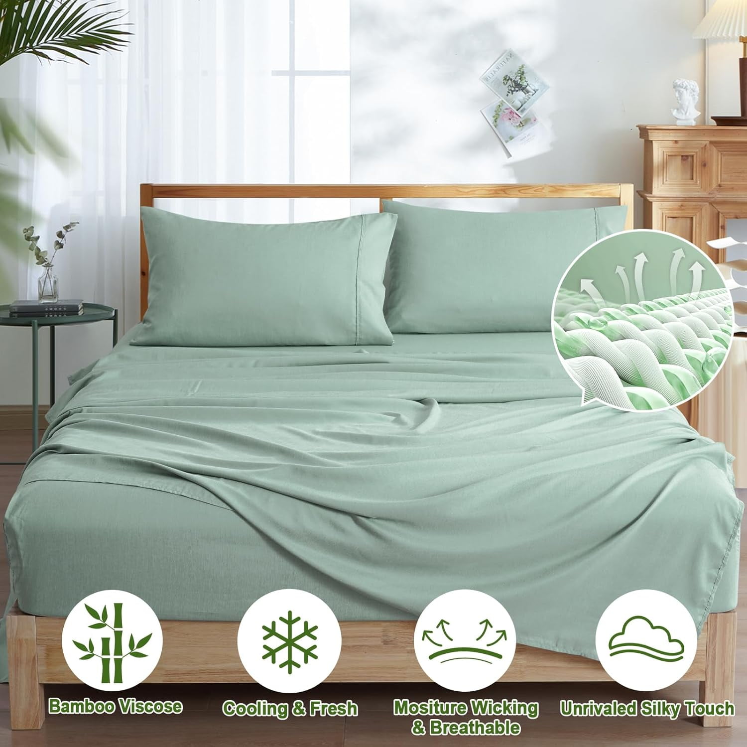 PHF Bamboo Bed Sheet Sets, 4 Pieces King Silky Soft Bedding Sheets, 1800 Thread Count 16 Inch Deep Pockets, Sage Green