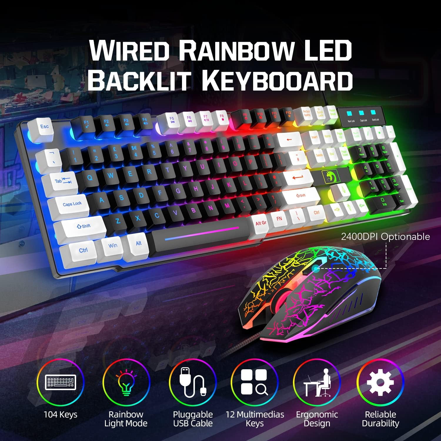 Wired Gaming Keyboard and Mouse and Mouse pad and Gaming Headset,Rainbow LED Backlit Keyboard,Over Ear Headphone with Mic,Gaming Mice,Mouse Pad,for PC Gamers and Xbox and PS4(Black/White)