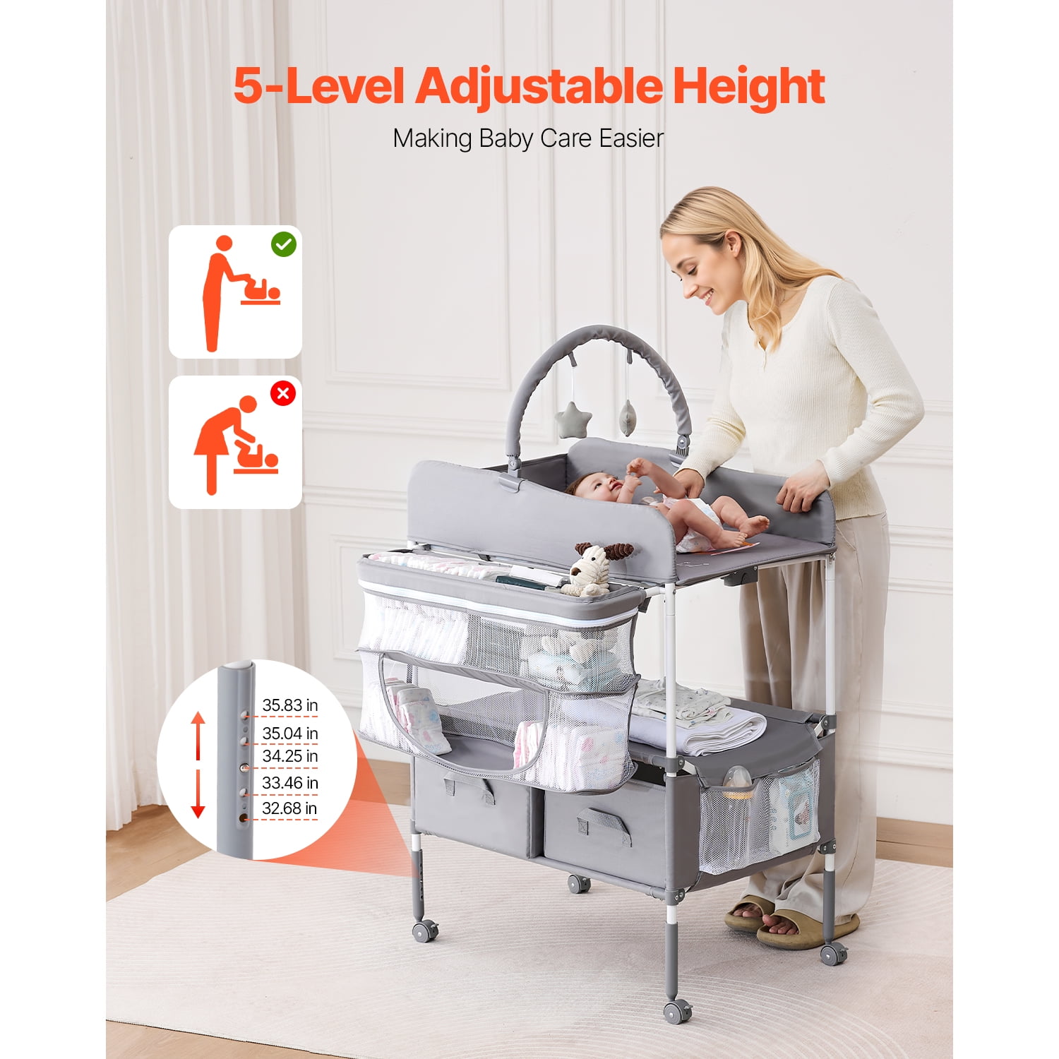 KFFKFF Foldable Baby Diaper Changing Tables 30.00 x 29.53 x (39.57–42.52) in Light Gray