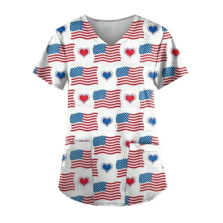 

Sksloeg Scrub Tops for Women Stretchy American Flag Star Print Patriotic Top V-Neck Workwear Short Sleeve T-Shirts with Pockets Nursing Working Uniform White XXXL
