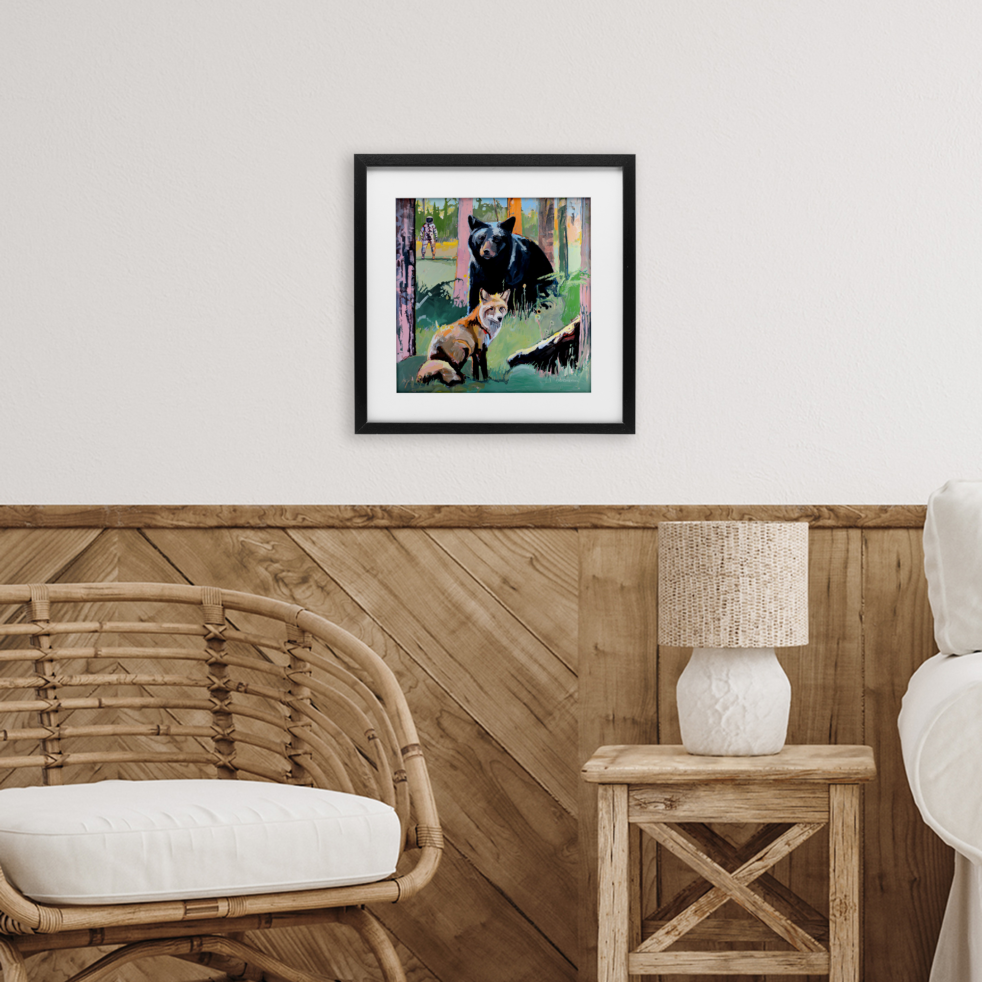 Forest Animals in Deep Space Black Framed Print Under Glass, design by Adam Swanson
