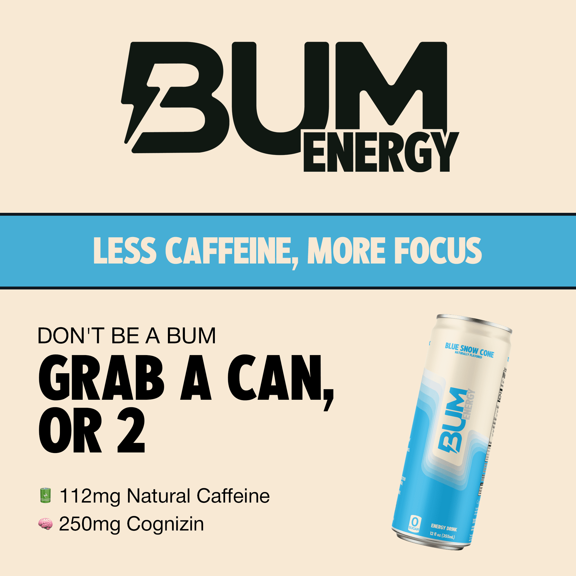 Bum Energy Blue Snow Cone Energy Drink, 112 mg Natural Caffeine, 12 fl oz, 12 Pack