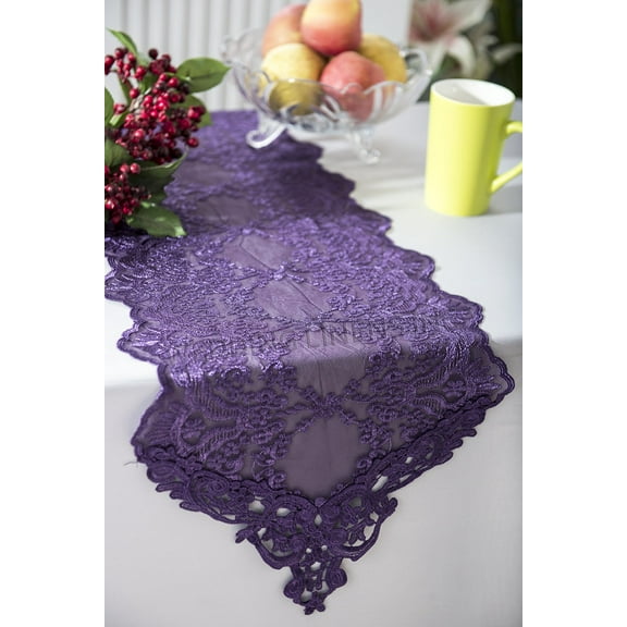 Wedding Linens Inc. 13" x 108" Floral Corded Lace Embroidered Table Runner - Eggplant / Dark Purple
