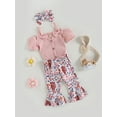 thumbnail image 4 of Musuos Baby Girls Summer Jumpsuits Set 6 12 18 24M 3T Button Short Sleeves Romper and Cow Head Flower Print Elastic Flare Pants Headband, 4 of 10
