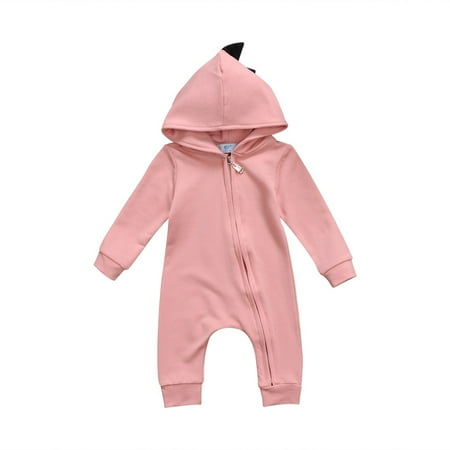 

Caitzr Baby Romper Solid Color Long Sleeve Dinosaur Hoodie Long Pants Outfit Zipper Up Design Loose One-piece Jumpsuit