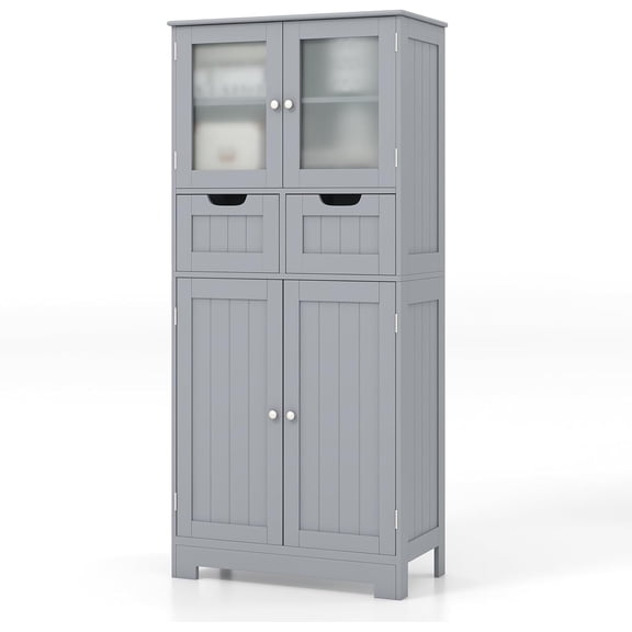 LOKO Tall Bathroom Cabinet, Modern Storage Organizer with Doors & Open Shelves, Wooden Floor Cabinet with Adjustable Shelves for Bathroom, Living Room or Kitchen (Grey)