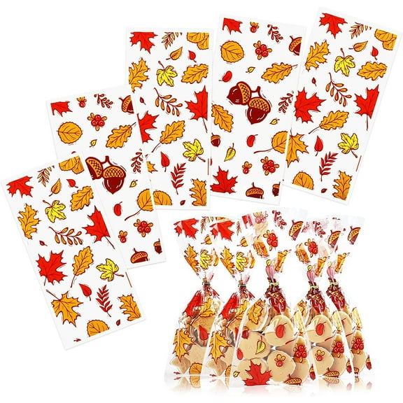 Naler 100 Count Thanksgiving Cellophane Treat Bags with Twist Ties,Clear Maple Leaf Goodie Candy Bag for Autumn Fall Party Favors