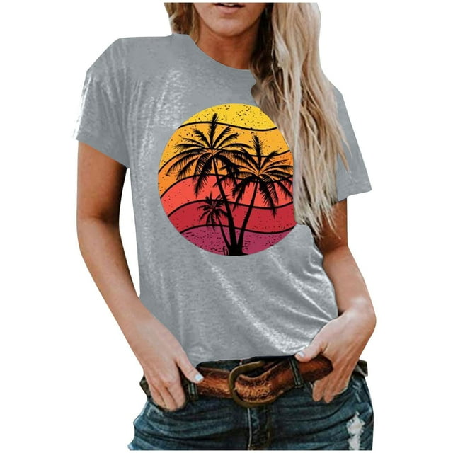 RKSTN T-Shirts Graphiques pour Femmes Col Rond Manches Courtes Blouse de Plage Hauts Aguichant Impression Régulière Chemises