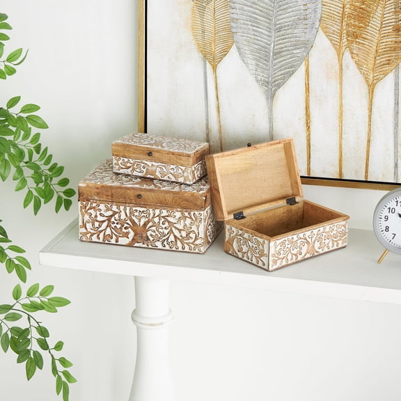 Wood Floral Decorative Box Set of 3 with Hinged Lid, Brown Coastal Storage Boxes for Home