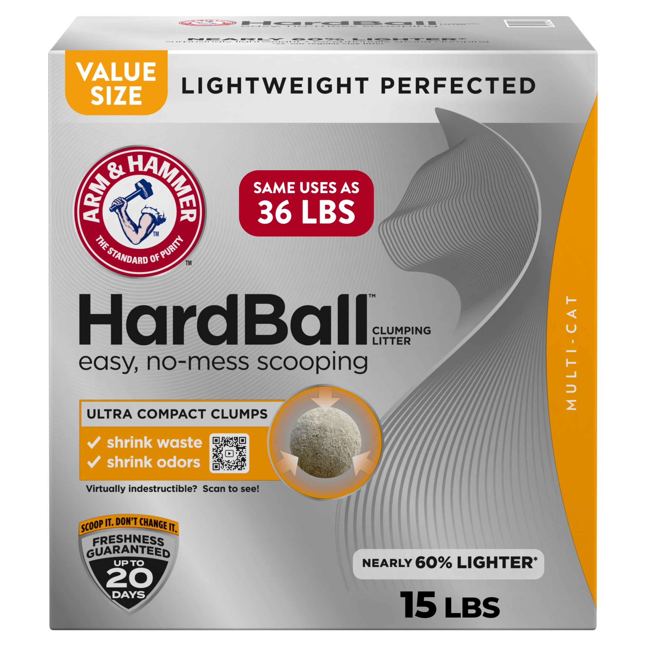(2 pack) ARM & HAMMER Hardball Lightweight Cat Litter, Clumping, No-Mess Scooping, Multi-Cat, 15 lb