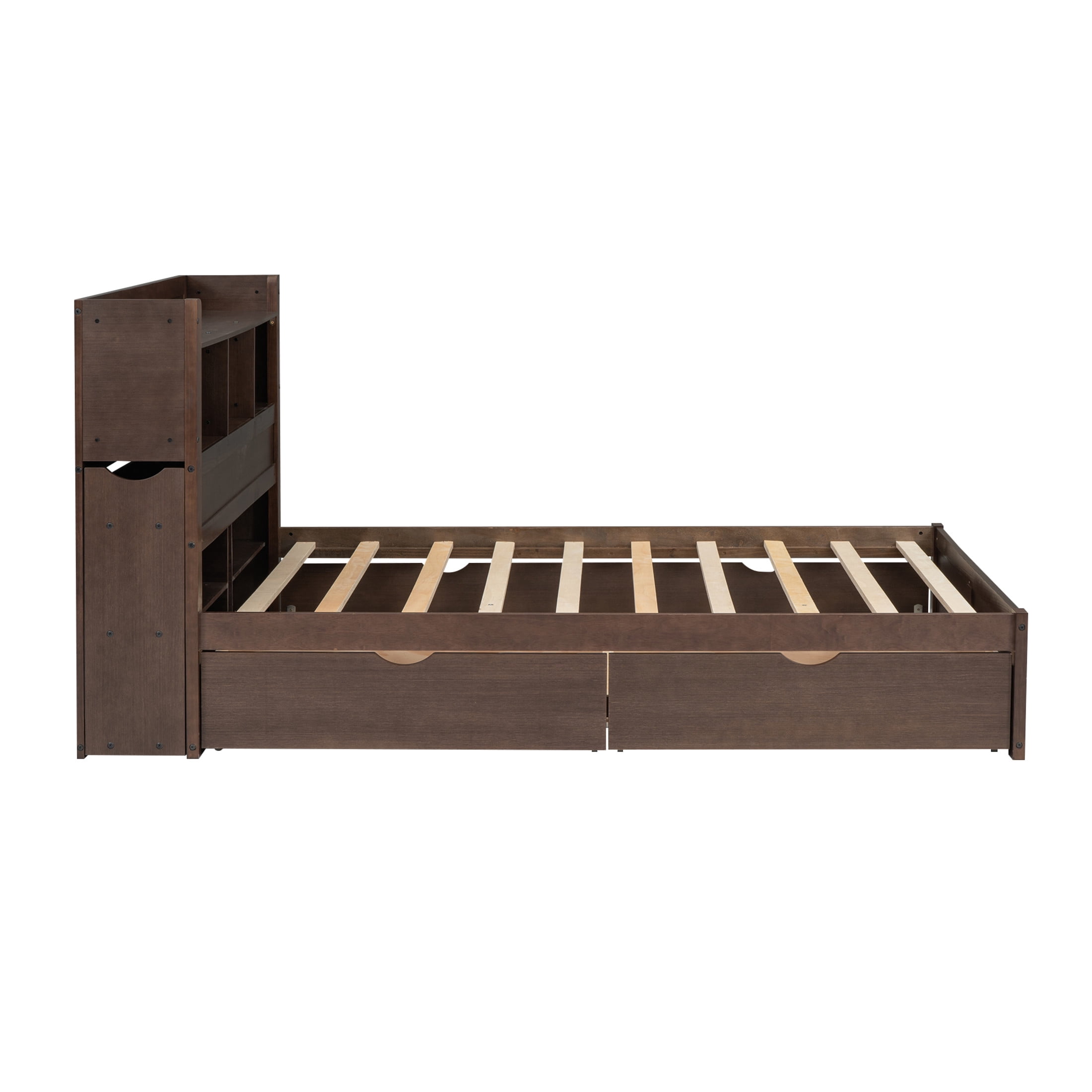 Noble House Full Size Storage Platform Bed with Pull Out Shelves, Twin Trundle and Drawers, Solid Wood Frame, Espresso