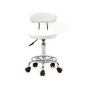 Adjustable Rolling Stool with Wheels Back PU Leather Salon Drafting Swivel Task Chair for Garage White