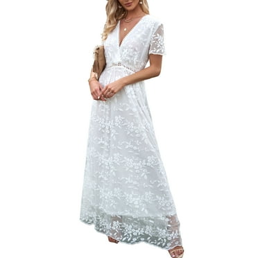 Dokotoo Womens White V Neck Short Sleeve Lace Dress Loose Maxi Evening ...