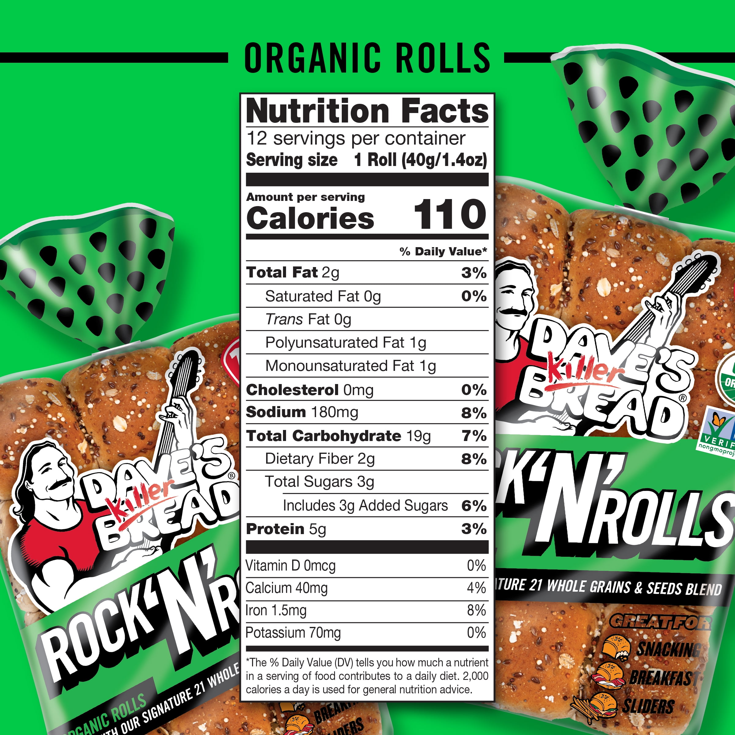 Dave’s Killer Bread Rock 'N' Rolls, Organic Snack, Slider, Breakfast Rolls, 12 Count