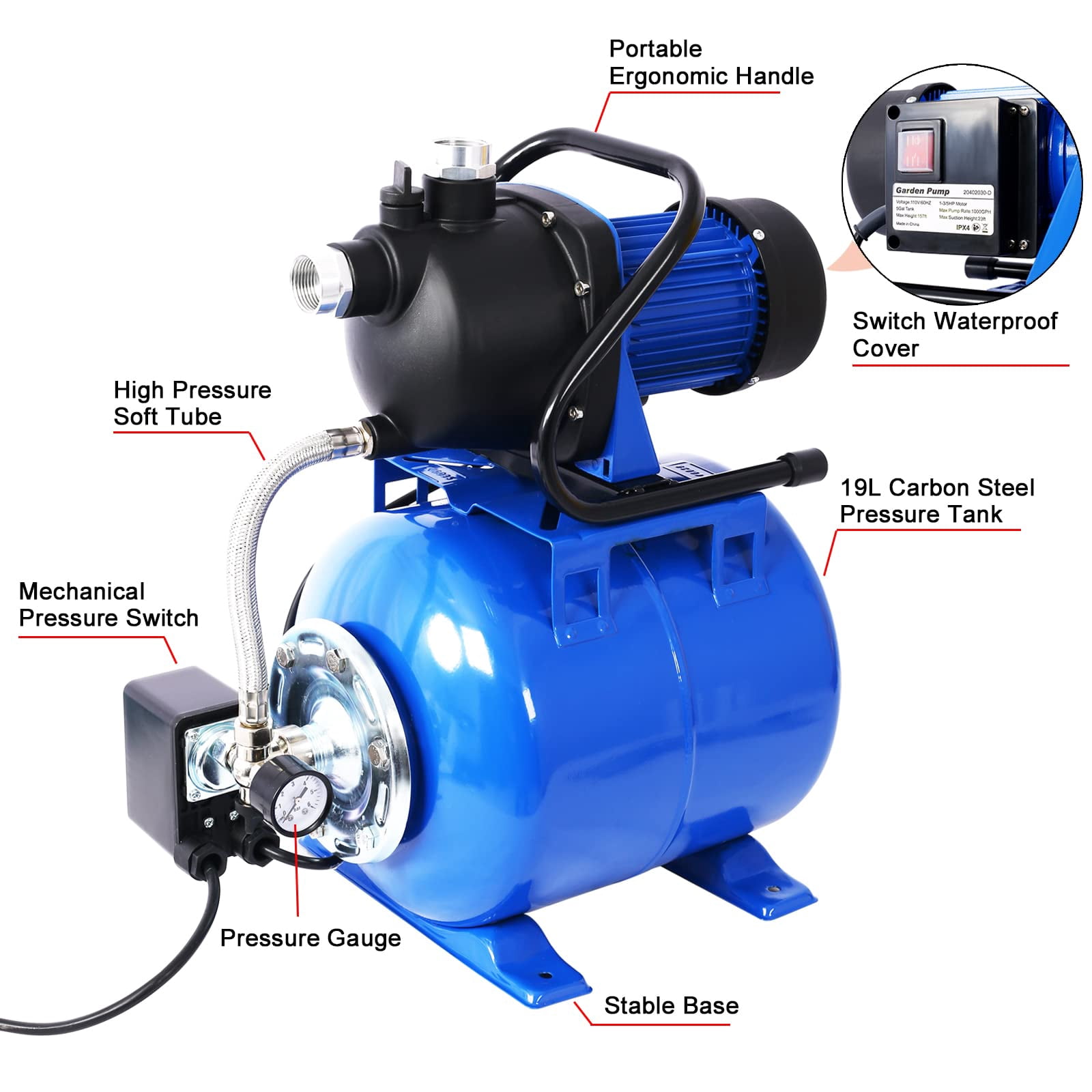 1.6HP Shallow Well Pump with Pressure Tank, 1000 GPH Garden Jet Pump, Irrigation Pump, Automatic Water Booster Pump for Home Garden Lawn Farm