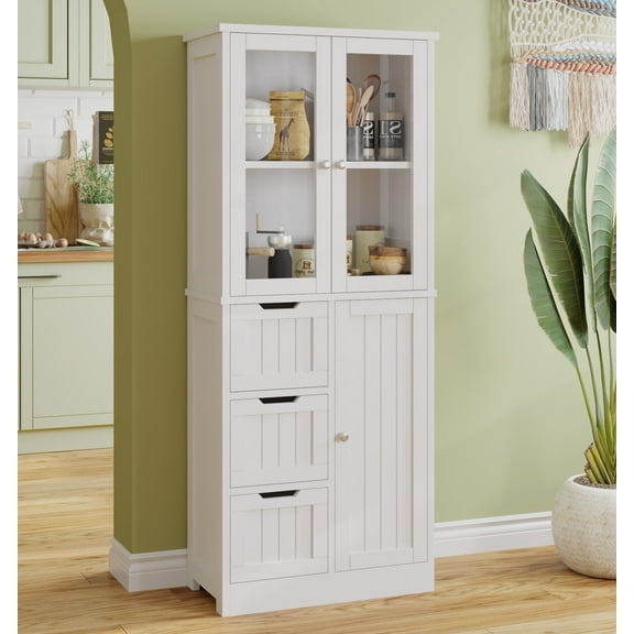 Ktaxon Kitchen Pantry Cabinet Wooden w/ 4 Drawers & 3 Doors Glass Doors, MDF Freestanding for Entryway Bathroom Living Room, White