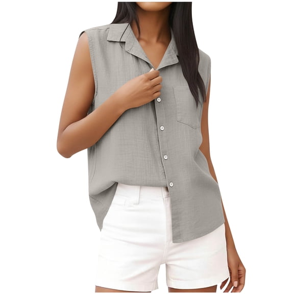 VBVC Women's Cotton-Linen Sleeveless Tank Top,Ladies Collared Button-Front Blouse,Casual Summer Pocketed Shirt For Women,Gray,Size XXL