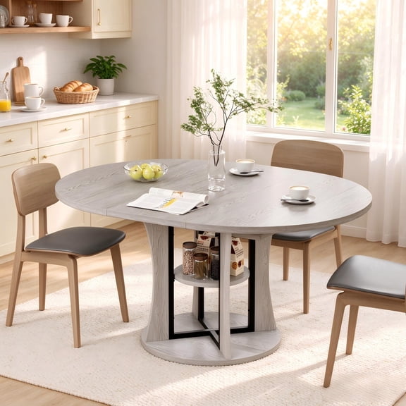 WARAYZ Extendable Round Dining Table 43.3"-59" with Storage Shelf, MDF Kitchen Table, Gray