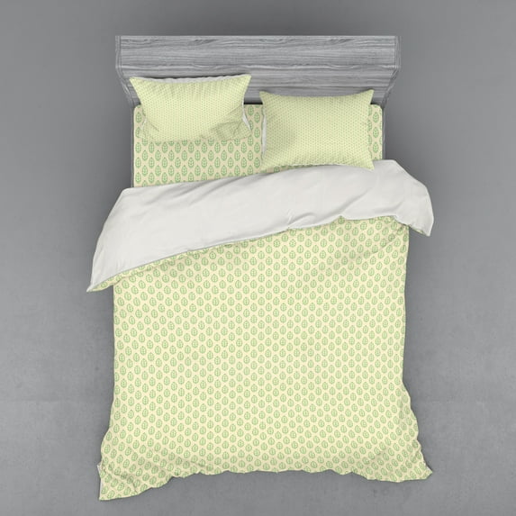 Ambesonne Nature Bedding Set 4 Pcs, Geometric Spring Leaves, Queen, Green White